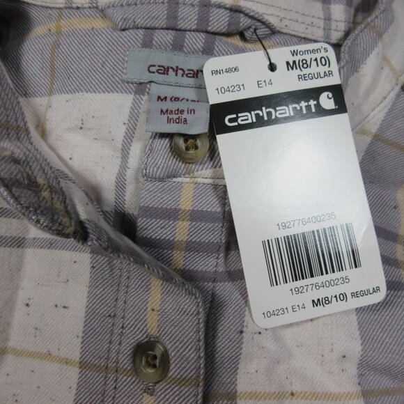 Carhartt womens beige white speckled plaid 3/4 sleeve button top M NWT - Picture 3 of 4